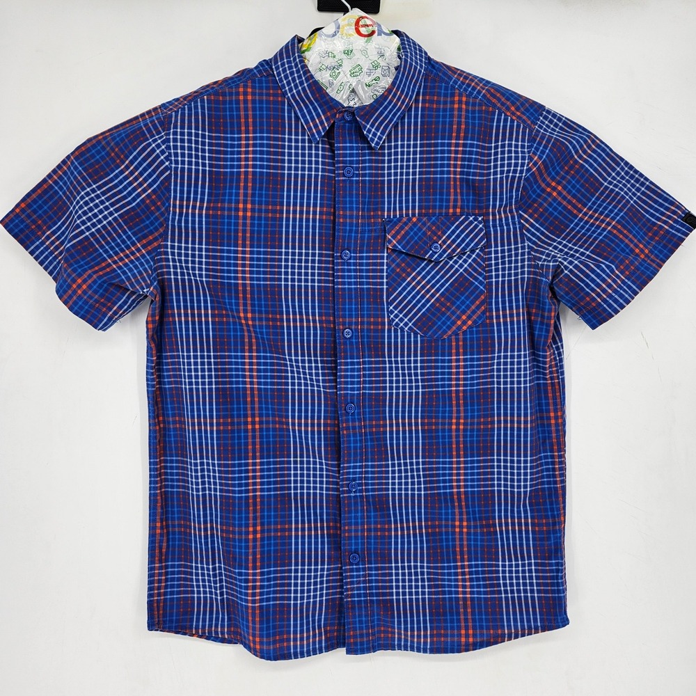 Mountain Hardwear Shirt Mens Medium Blue‎ Plaid Button Up Outdoors Short Sleeve